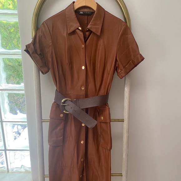 Zara Faux Leather Button Down Big Pockets Belted Brown Dress Short Sleeves Sz XS - Picture 2 of 9